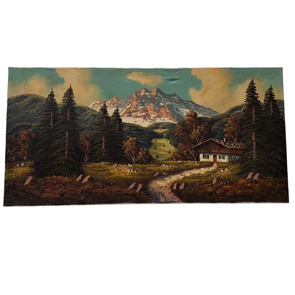 Vintage A Franke Original Oil Painting Alpine Mountain Chalet Signed 40x20x2
